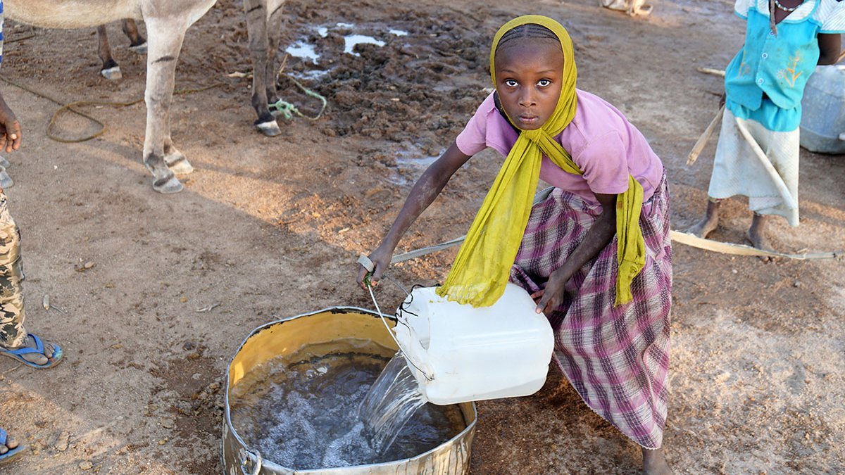 Tschadisches Mädchen versorgt Vieh mit Wasser