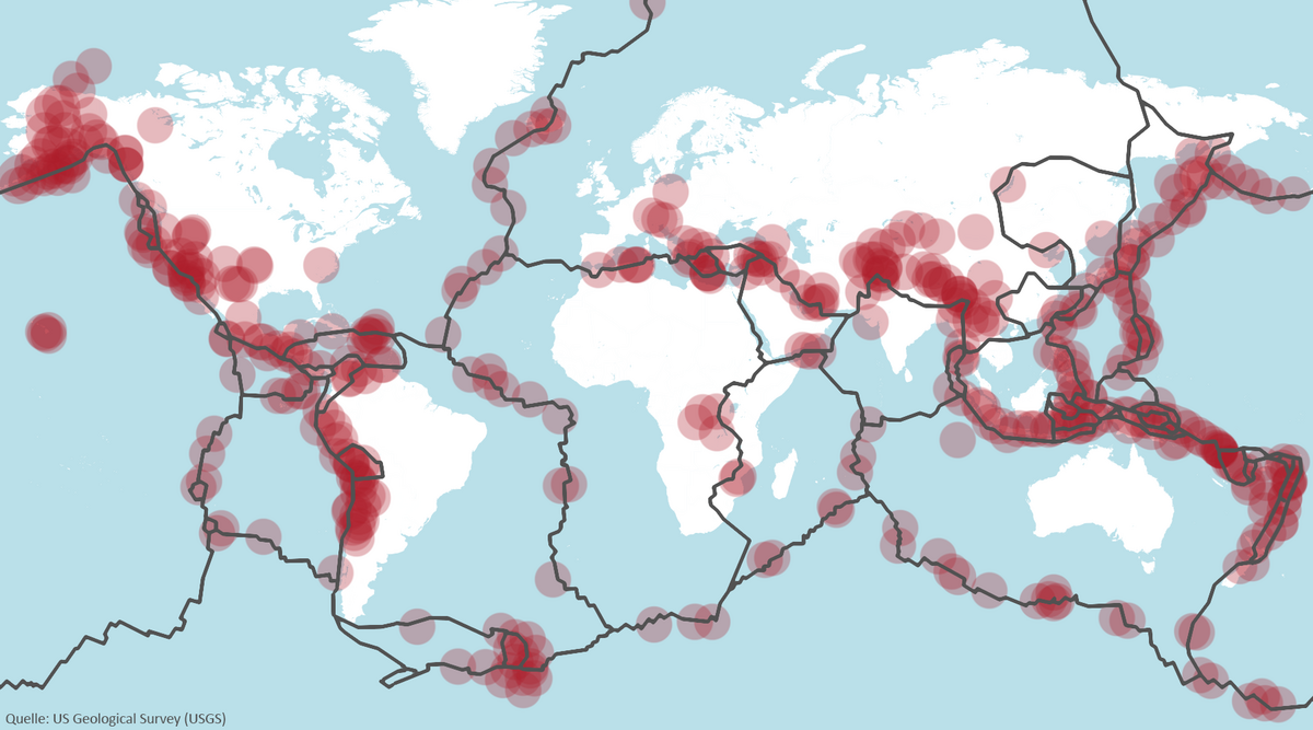 Häufigkeit von Erdbeben entlang der tektonischen Plattengrenzen